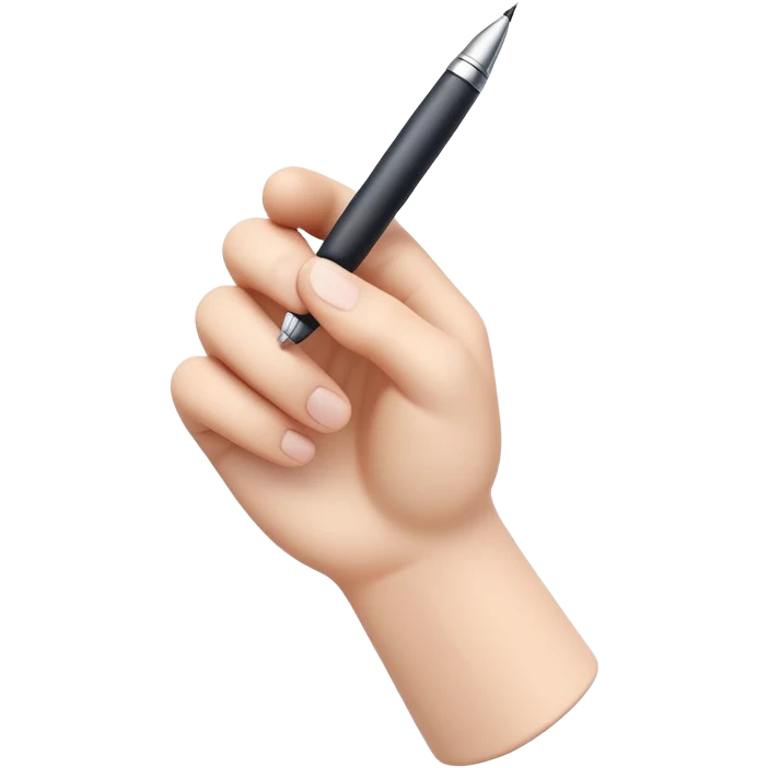 A 3D icon of a human hand holding a pen, minimalist and modern style, soft lighting, smooth edges, floating on a white background, realistic proportions, clean and professional design emoji