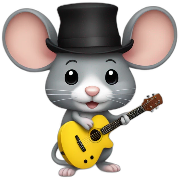 adult grey jerry mouse with white moustache, big black hat, and yellow guitar emoji