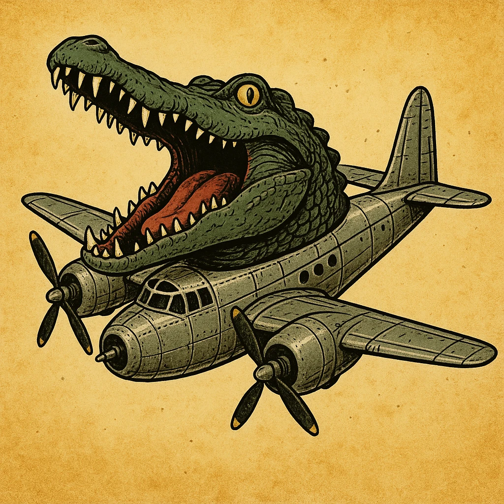 surreal hybrid character with a crocodile head with open mouth and sharp teeth merged with the metallic body of a WWII bomber plane including wings and propellers, absurd and satirical in the spirit of the Italian Brainrot meme trend emoji