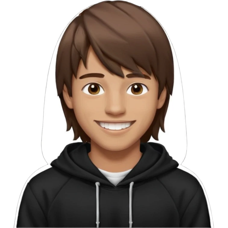 20 yr old man, brown hair, straight, big smile, white teeth, tanned skin, bangs, black hooded sweatshirt, long hair in back, middle parted bangs emoji
