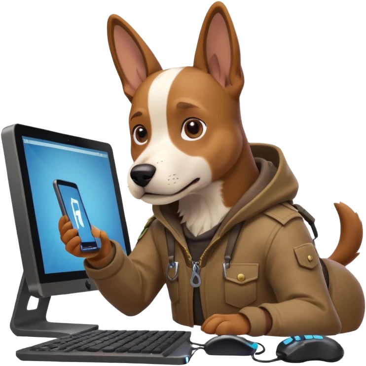 A dog playing Fortnite in his computer emoji