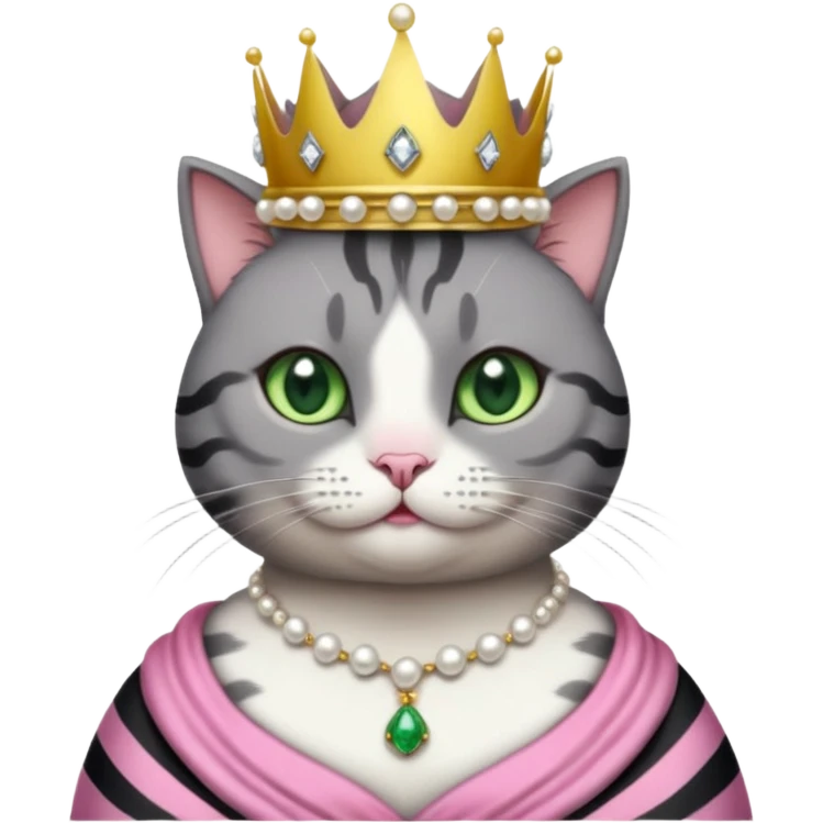 Gatito gris oscura con rayas negras ojos verdes vestida de reina con coronas y diamantes, más peluda y gordita  emoji