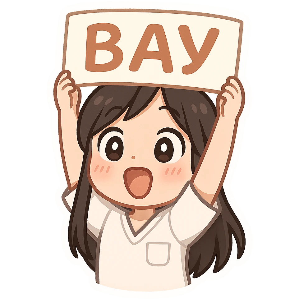 3D chibi bitmoji style sticker of a girl with long dark hair, white medical top, holding a sign above her head that says 'ВАУ', very happy and surprised face, white outline, transparent background emoji