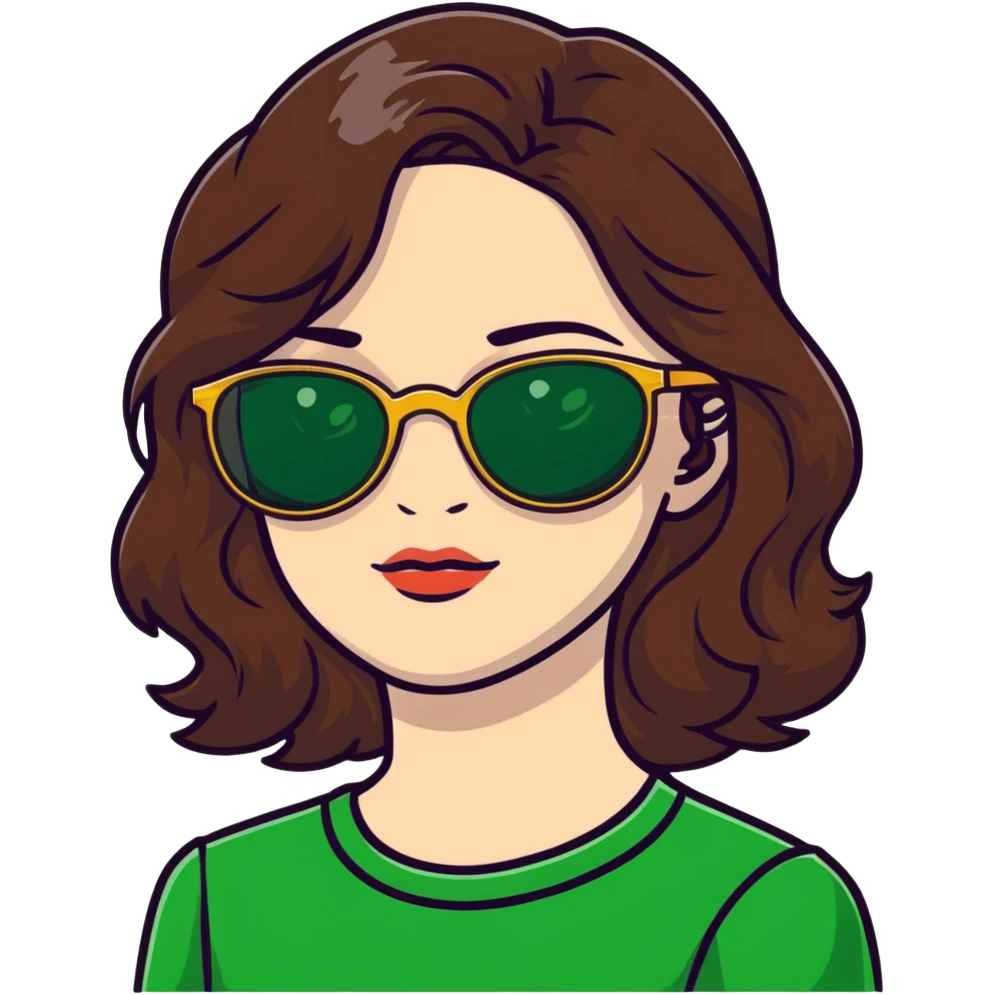 woman with pale skin, brown wavy hair, green eyes, gold glasses emoji