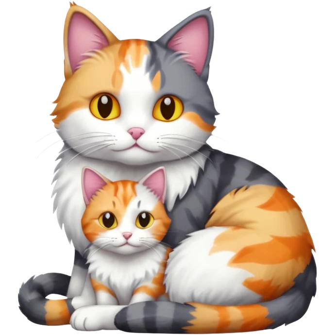 full body dark grey and white cat cuddling a colourful light patched calico + white tabby cat  emoji