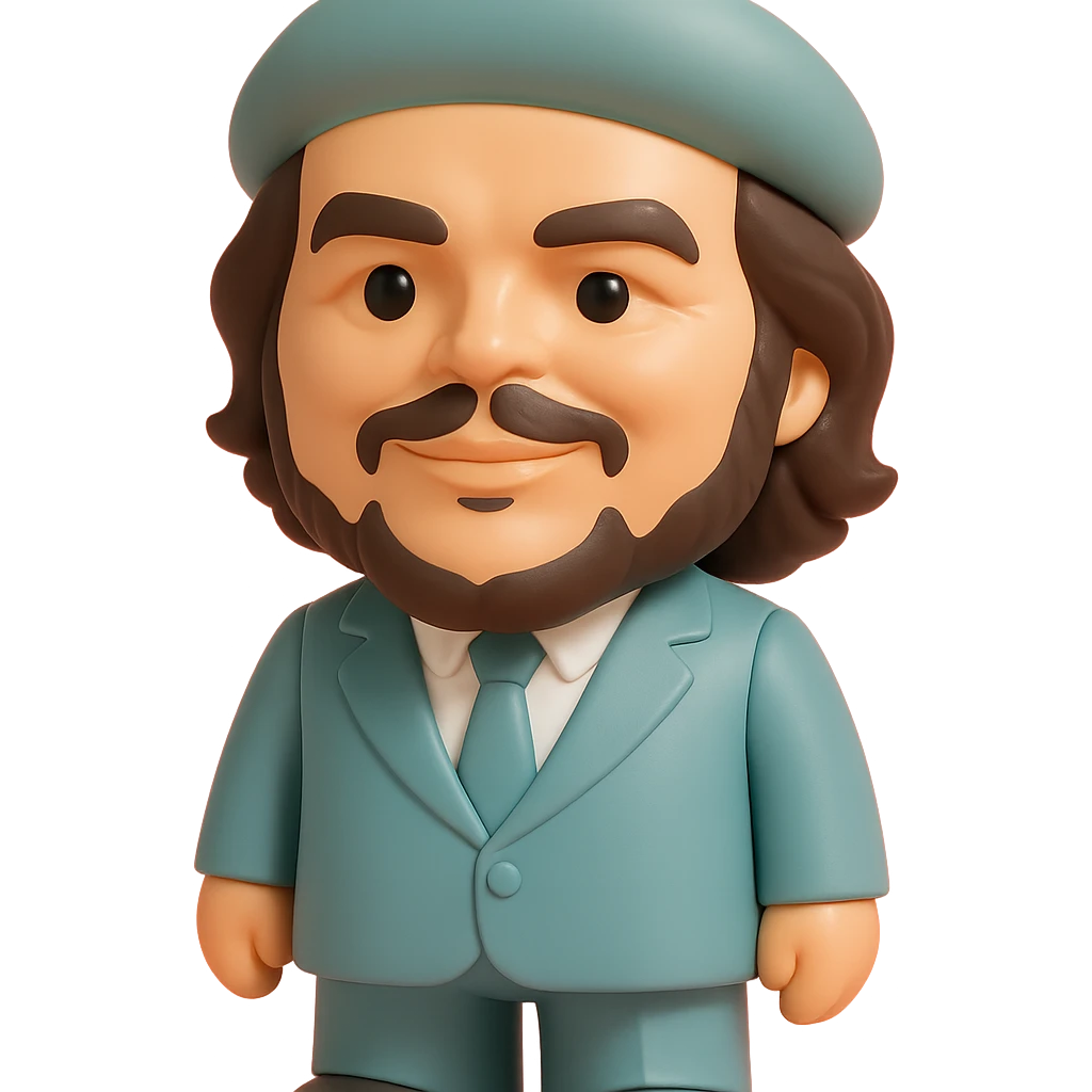 Che Guevara in a suit and tie, oversized head, confident smile, vinyl figure style emoji