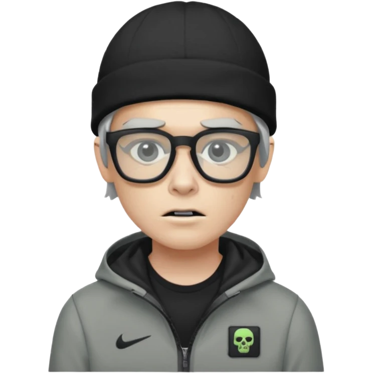 Hazme un zombie con gafas cuadradas y el marco negro y un gorro negro y un saco Nike tech gris emoji