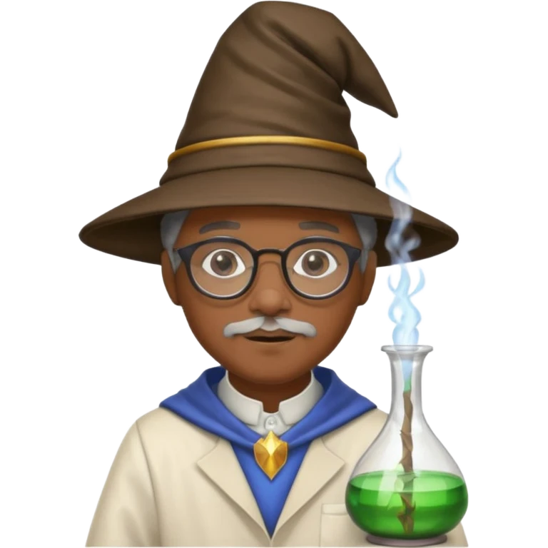 black scientist with glasses, wearing wizard hat custome, with glass vase emoji