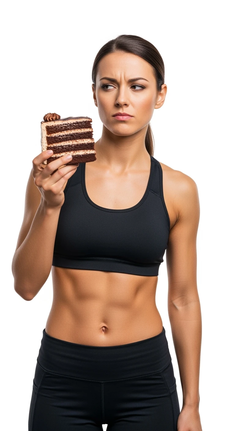 donna fitness con una fetta di torta in mano ed espressione dubbiosa, sfondo bianco emoji