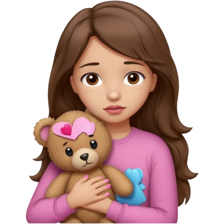 girl with long wavy brown hair, brown eyes, light to medium complexion, in a pink shirt, pink lips, long lashes, sad, hugging squeezing a teddy bear with a broken heart band aid emoji