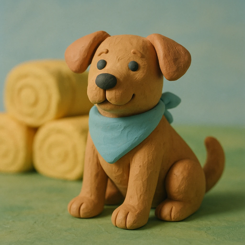 friendly farm dog with a bandana, hay bales in background, soft pastel colors, claymation style emoji