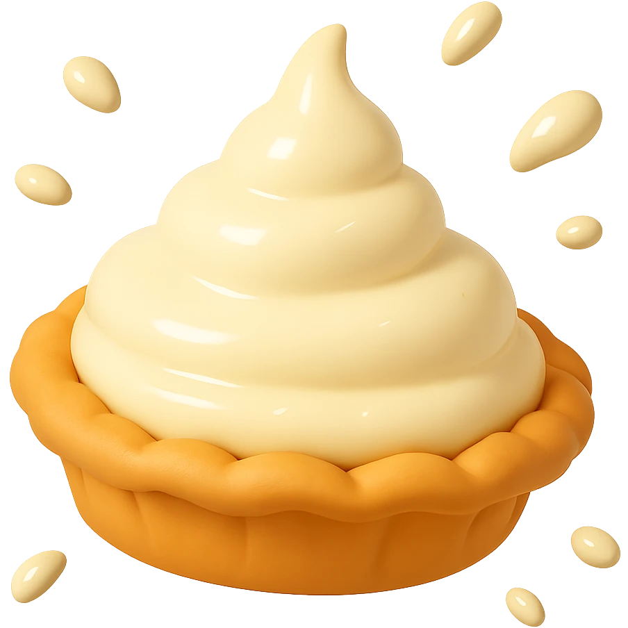 Remove the background so only the intact cream pie and cream splashes are visible, keep the playful 3D emoji style, golden brown crust, and same angle emoji