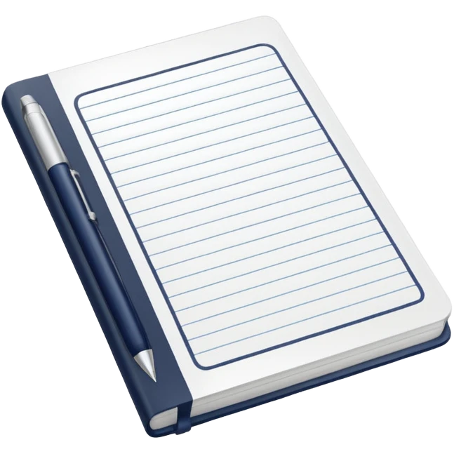 Front-facing notebook icon with a pen on the right side, minimal line-art, clean modern style, perfectly straight angle (no tilt), simple outlines, slightly 3D, no background, transparent, “documenting / journaling / tracking progress emoji
