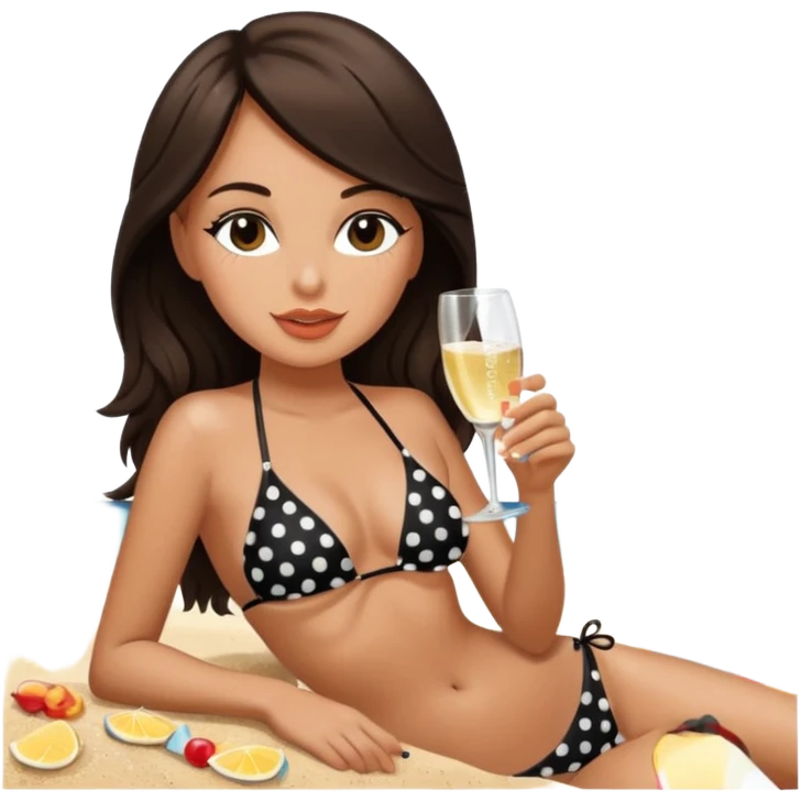 brunette woman relaxing on a sandy beach, black polka-dot bikini, sipping champagne emoji