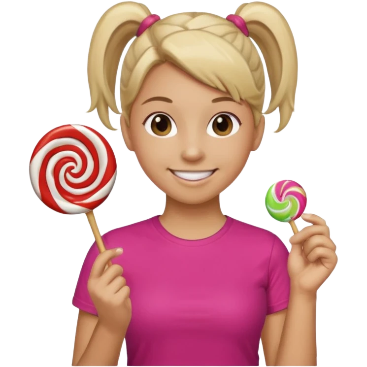 Using this emoji 🥹 make me one with ponytail hair holding a lollipop in each hand emoji