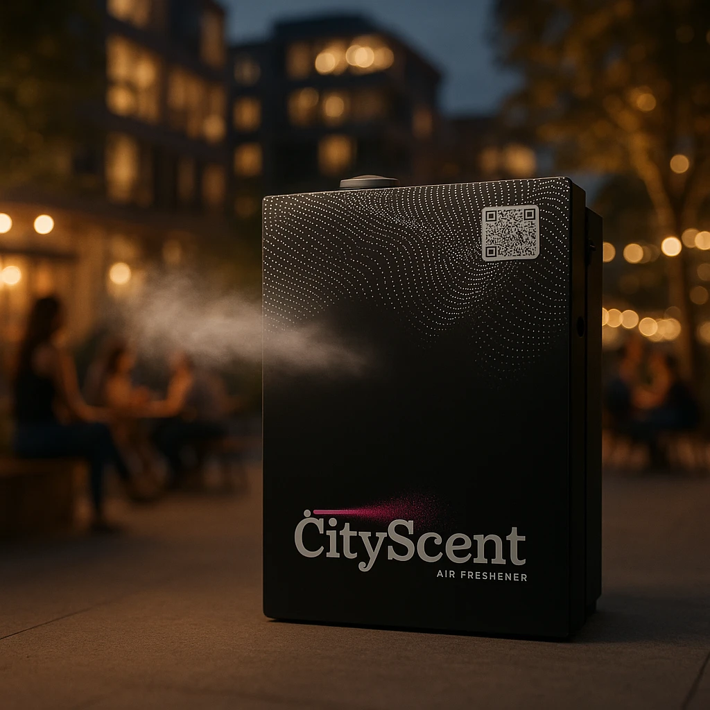 Add a soft, realistic scent mist effect coming from the left side of the CityScent air freshener machine. The scene is realistic, with people relaxing and enjoying the scent in a modern cityscape at evening. emoji