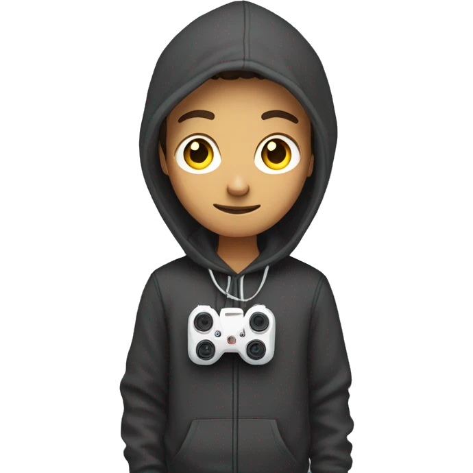 full body, male teenager in hoodie standing, holding a drone controller emoji