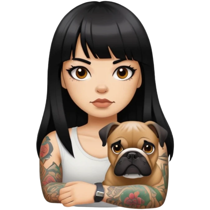 girl with long black  straight bangs hair and tattoos and a Black haired bulldog emoji