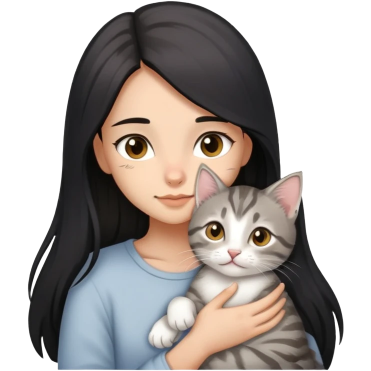  girl with black long hair, light-medium skin, brown eyes snuggling light grey tabby kitten emoji