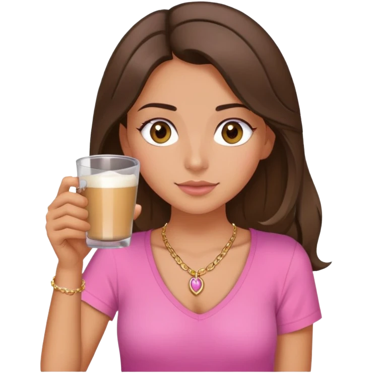 brunette girl with hazel eyes drinking latt, hair just below shoulder length and wearing a pink shirt, also with a necklace  emoji