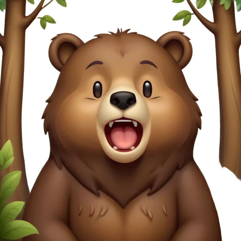 Cinematic Cute Yawning Bear Portrait Emoji, Head tilted slightly with a dramatic, wide-open yawn, showcasing a soft, plush dark brown fur with drooping ears, round eyes barely open in drowsy contentment, Simplified yet irresistibly adorable features, highly detailed, glowing with a soft, cozy glow, high shine, relaxed yet expressive, stylized with a touch of woodland charm, bright and endearing, soft glowing outline, capturing the essence of a sleepy yet affectionate bear, so drowsy it feels like it could lumber out of the screen and curl up for a nap! emoji