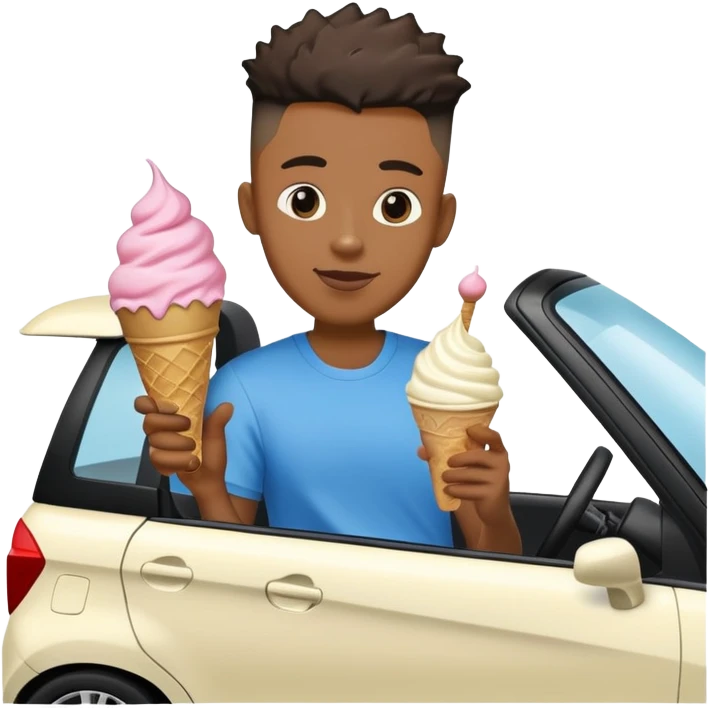 Black man holding ice cream while driving a Honda fit with a high top fade emoji