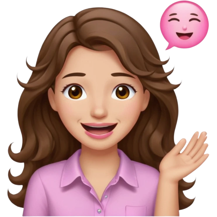 girl with wavy long brown hair, brown eyes, light to medium complexion, long lashes, light pink lipstick, wearing light pink shirt, smiling, crying laughing emoji