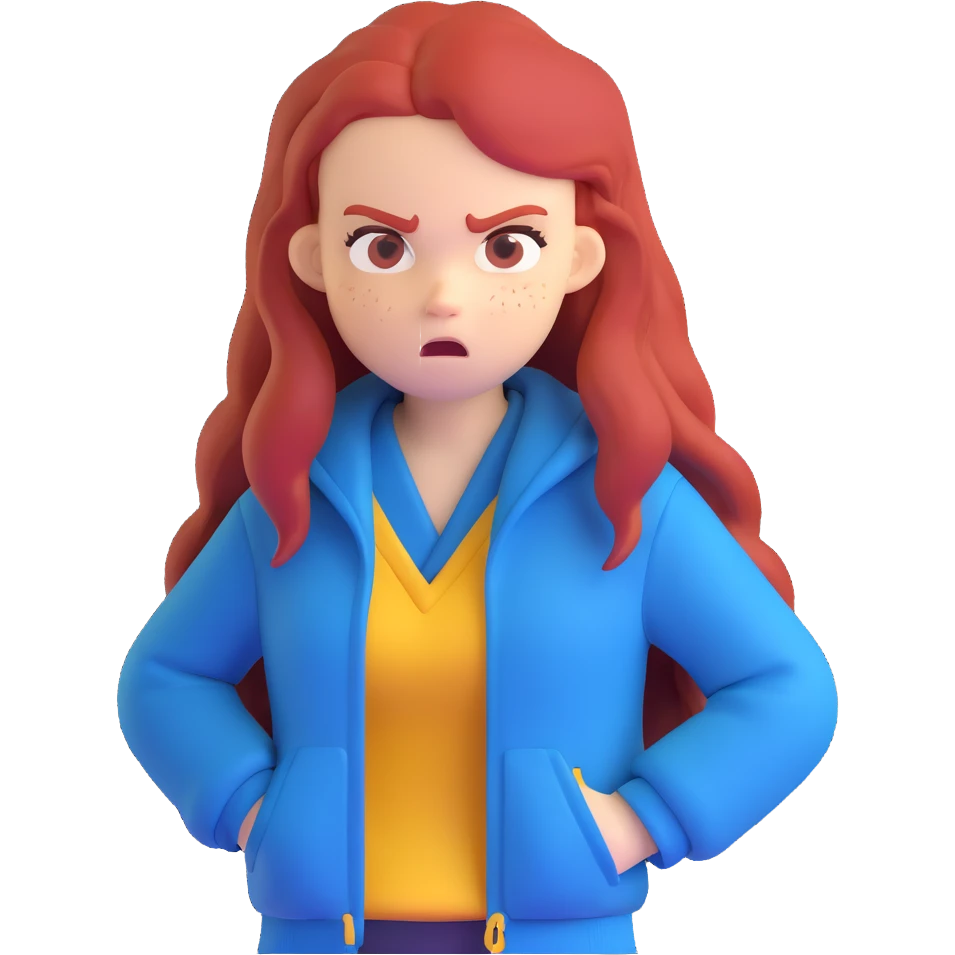 Redhead girl with long hair in blue jacket looking angry emoji