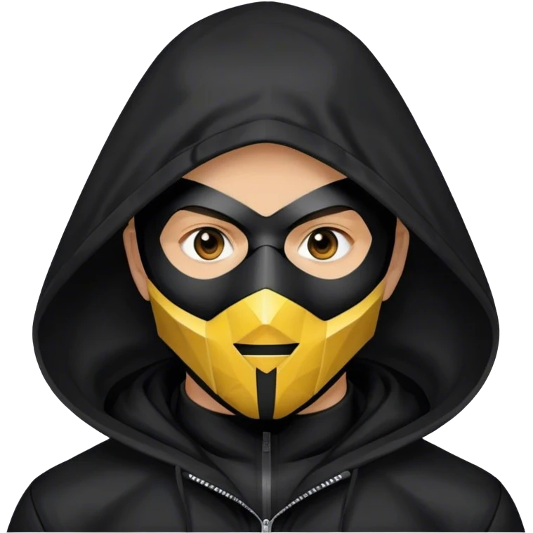 man with black hooded jacket and a full-black full-face geometric mask emoji