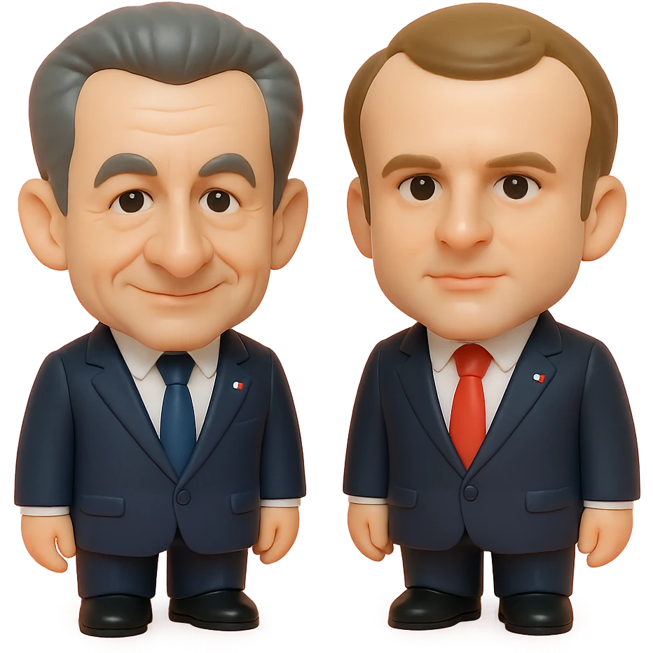 3D chibi digital caricature of Nicolas Sarkozy (left) and Emmanuel Macron (right) standing side by side, oversized heads, small realistic bodies, Sarkozy in navy suit, white shirt, blue tie, slight smile, Macron in dark navy suit, white shirt, red tie, confident neutral expression, semi-realistic textures and lighting, soft shadows, highly recognizable faces, not overly cartoonish emoji
