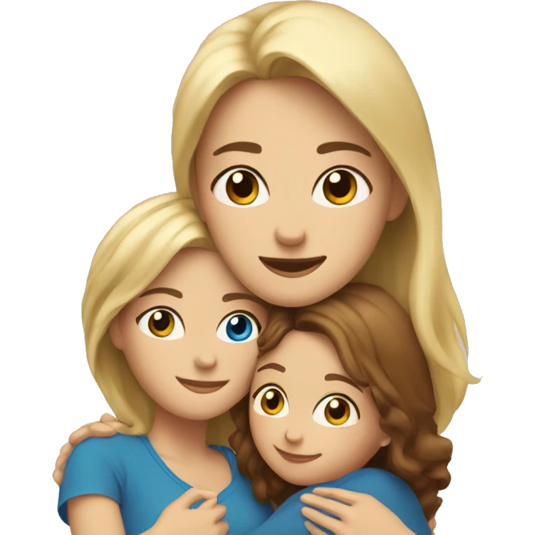 Mother with blonde hair blue eyes, hugging daughter with brown hair hazel eyes emoji