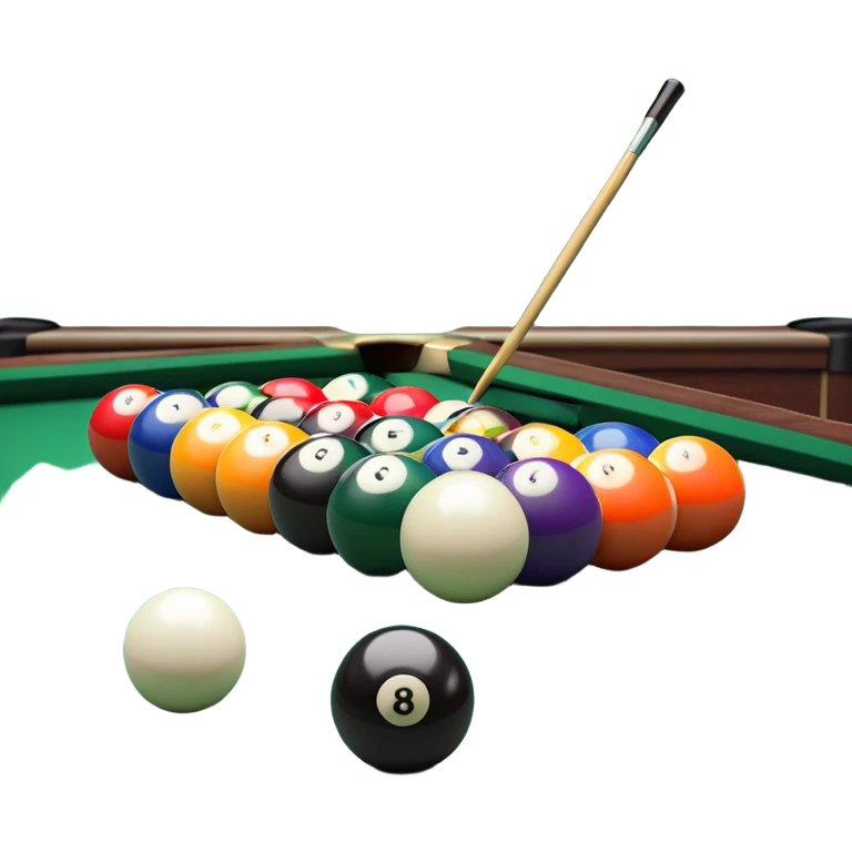 A close-up of a billiard table with a cue stick lined up to strike a colorful set of balls. The focus is on the precision of the shot, with the table’s green surface and the triangular arrangement of balls, creating a dynamic scene of strategy and concentration in the game of billiards. emoji