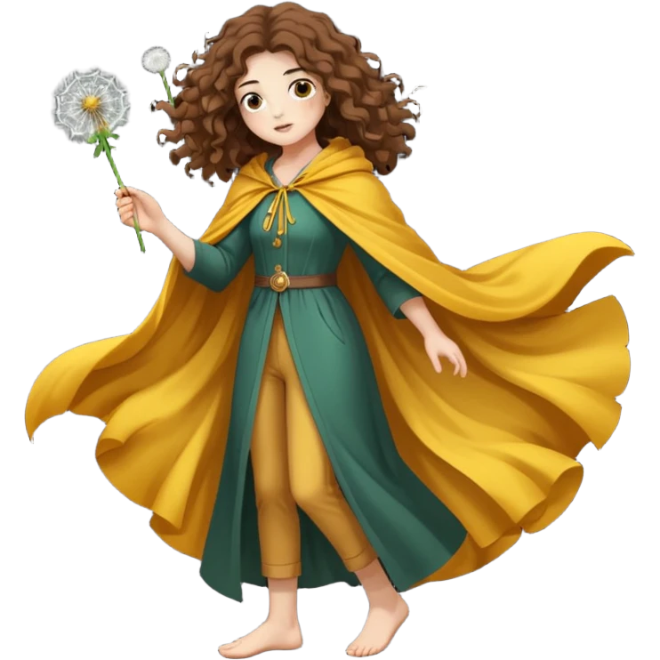 full body woman long curly brown hair brown eyes white skin tattoos dandelion seed cloak blowing apart around her emoji