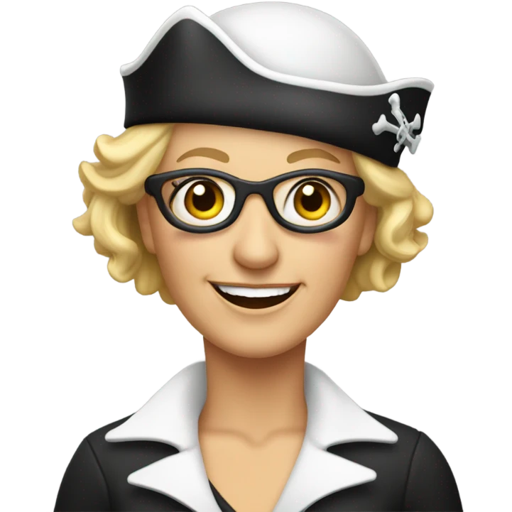 smiling older white woman with eye patch and earrings and short blond hair wearing  pirate hat emoji