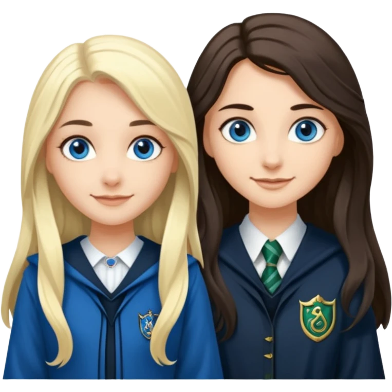 a pretty ravenclaw girl with long dark brown hair and blue eyes standing with a hot Slytherin girl with long blonde hair, blue eyes emoji