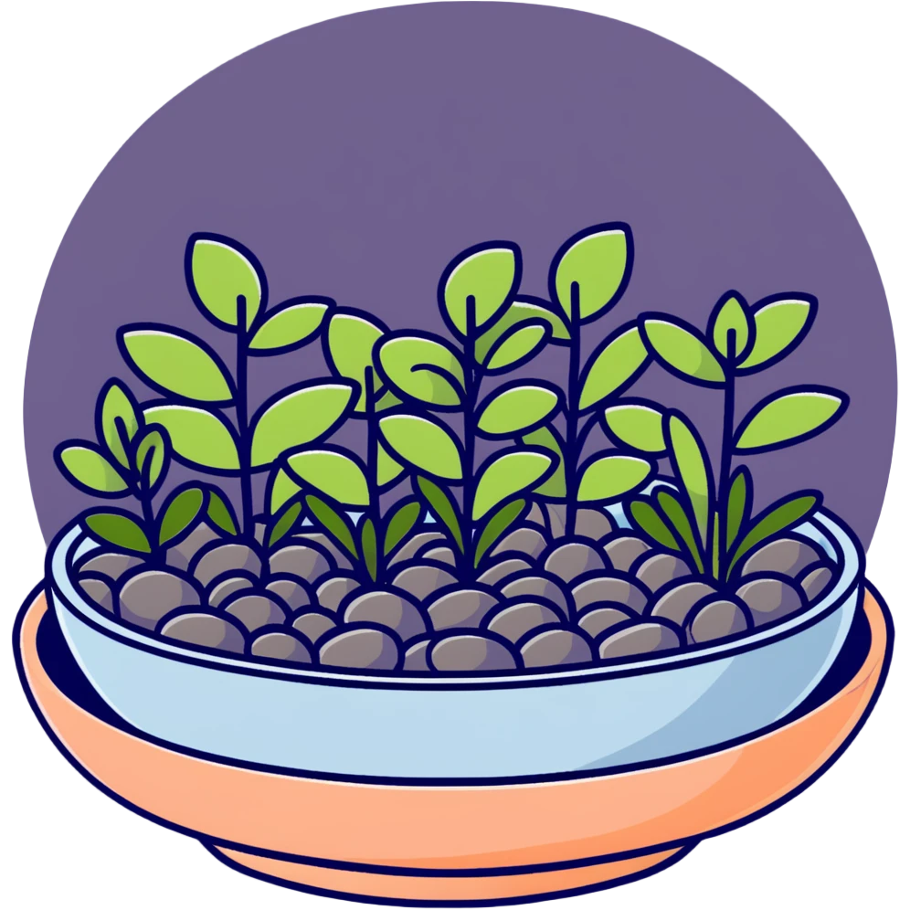 Shallow ceramic dish garden with Plectranthus Verticillatus sprouts featuring circular penny-shaped leaves arranged with decorative stones emoji