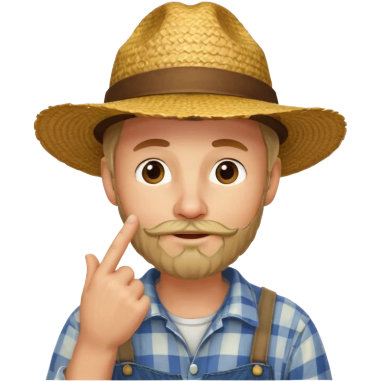 “A single emoji-style character combining 👨‍🌾😄 and 🤔: a smiling farmer man with a straw hat, friendly face, and light beard, holding one hand under his chin in a thinking gesture. His index finger rests under his face, eyes looking slightly upward as if thinking.  emoji