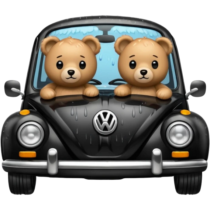 Two teddy bears in black Volkswagen in the rain emoji