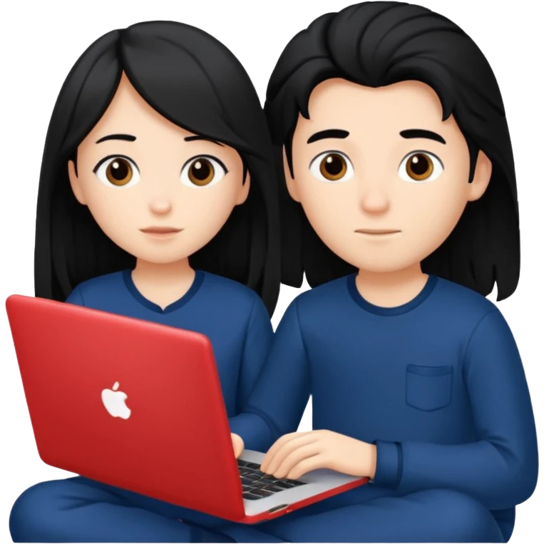black haired boy and long haired girl in navy blue pajamas , watching movie on laptop emoji