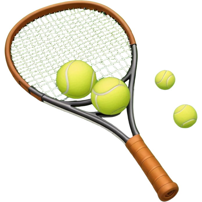 A tennis racket and ball positioned on a grass court, with the net and lines clearly visible in the background. The scene emphasizes the classic elements of the sport, capturing the energy and precision of a tennis match. emoji
