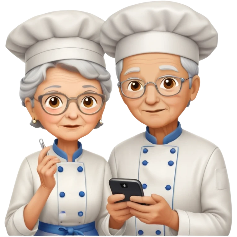An application on phone on cooking, grandma standing with a young chef  emoji