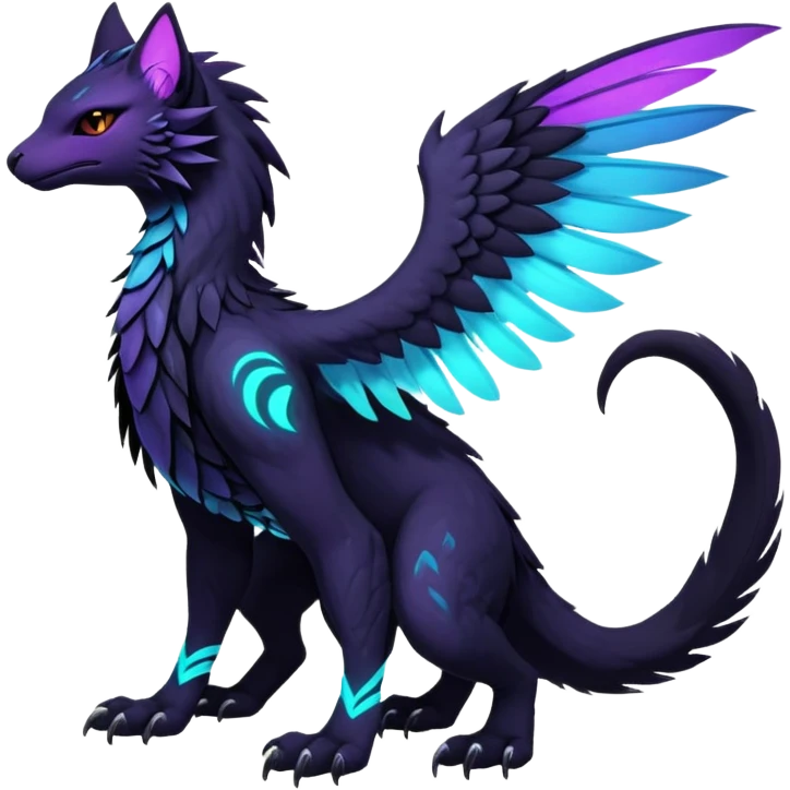 Black Dark Exotic Black, Cyan, Purple, Beaked Feathery Nocturnal Neon-glowing Abyssal Nightly Abyss-Cat-Gryphon-Salandit-Nargacuga-Silvally-Vernid-Sergal-Fakémon-Hybrid-Creature (full body) emoji