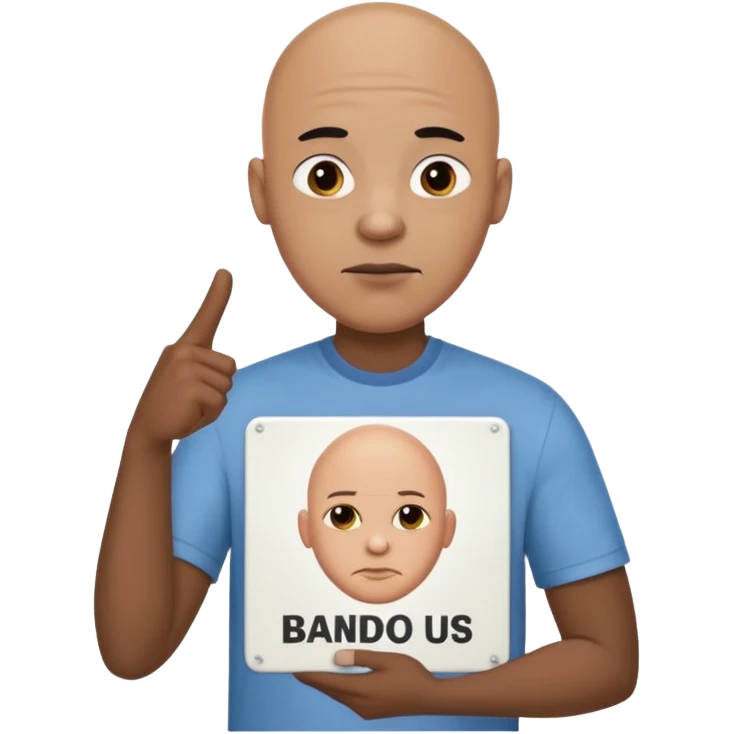Bald black cartoon man with  “They Not Like Us” on his shirt holding a sign that says Bando emoji