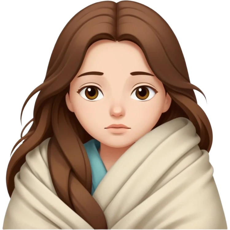 Sleepy girl with long brown hair wrapped like a burrito in a blanket, eyes half-open elegant colors  emoji