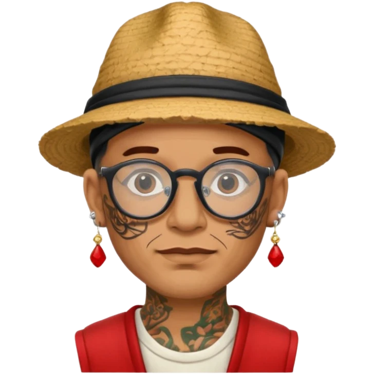 unique looking tourist with big unique red tourist hat and earrings, man with lots of tattoes and spectacles emoji