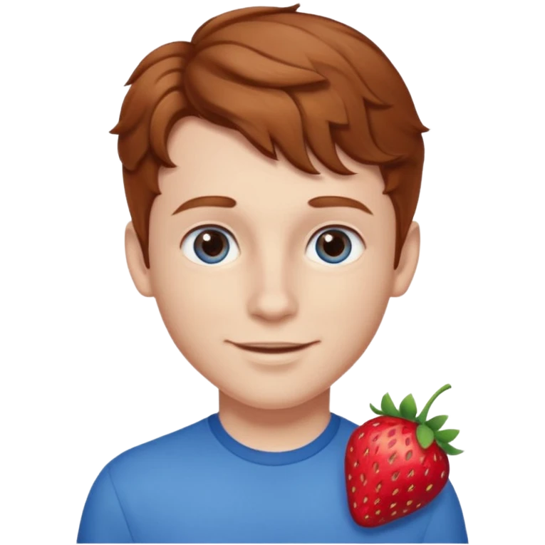 Please generate a portrait of a boy. He has light brown to reddish-brown wavy hair, a right side parting, longer sideburns, blue eyes, a snub nose, and a somewhat pronounced, strawberry-red pout. He is smiling. emoji