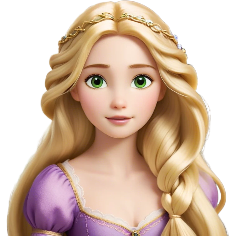 Cinematic Realistic Rapunzel Portrait, with porcelain-like skin featuring a subtle, natural glow, illuminated by soft lighting that brings out the gentle contours of her face. Her long, golden blonde hair cascades in detailed waves, each strand highlighted with a radiant shimmer as it catches the light. Her bright, expressive green eyes exude curiosity and warmth, framed by delicate lashes and soft, arched brows. Her expression is playful and vibrant, with a gentle smile. She is dressed in her classic lavender and pink gown, the fabric textured with delicate folds that flow naturally, catching the light with a soft, radiant glow. The portrait captures a luminous, enchanting aura, seamlessly blending realism with a whimsical, fairytale charm, evoking a timeless sense of beauty and magic. emoji