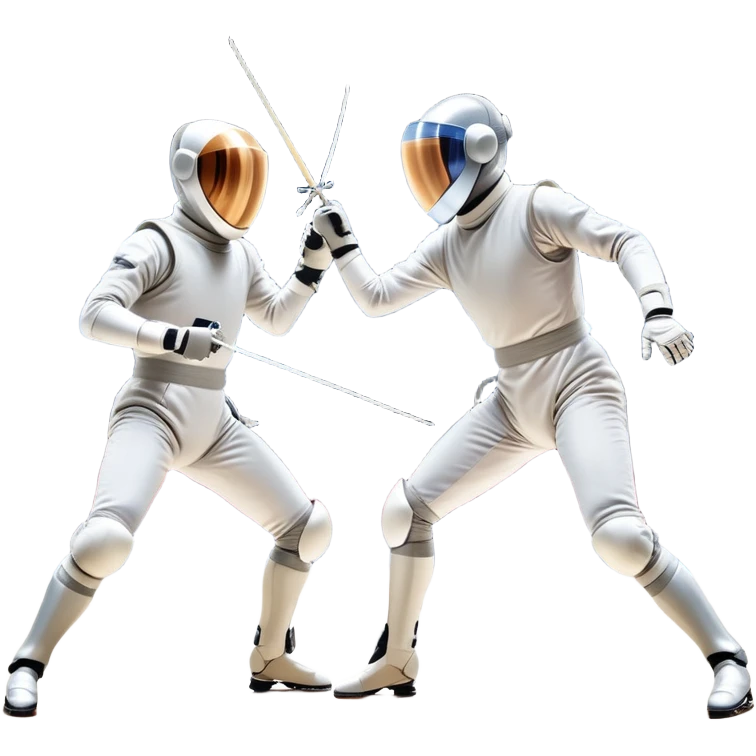 Two fencers in full protective gear duel on a professional piste. The background features a dynamic blur, symbolizing speed and precision. The scene is illuminated by bright arena lights, emphasizing the intensity of the match. Transparent background. emoji