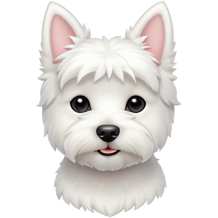 Cinematic Cute West Highland White Terrier Portrait Emoji, Head tilted playfully and inquisitively, featuring a fluffy, immaculate white coat with perky ears, round, sparkling dark eyes filled with curiosity, Simplified yet irresistibly adorable features, highly detailed, glowing with a warm, friendly glow, high shine, affectionate and lively, stylized with a touch of whimsy, bright and endearing, soft glowing outline, capturing the essence of a mischievous yet loving pup, so playful it feels like it could bound out of the screen and into your arms! emoji