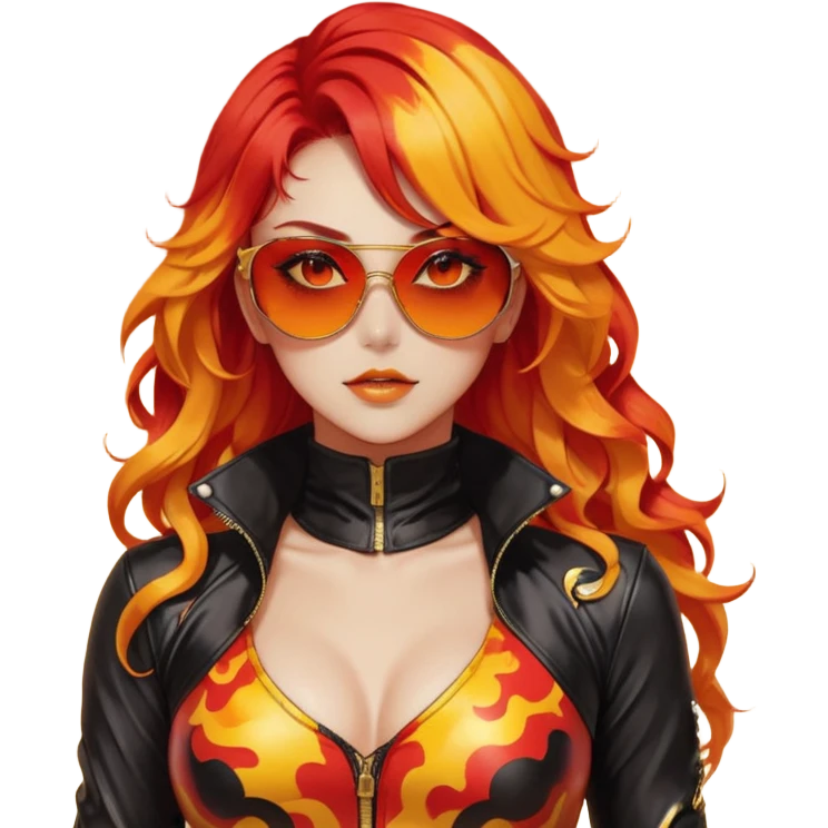 Beautiful gorgeous anime lady with beautiful fiery fiery-warm-red-orange-yellow-gradient-wavy-special-hair, fashion aesthetic, black sunglasses, accessories, gold jewelries, red-and-yellow sunny-pattern-eyes, black latex-suit, biker-woman, cool, badass emoji